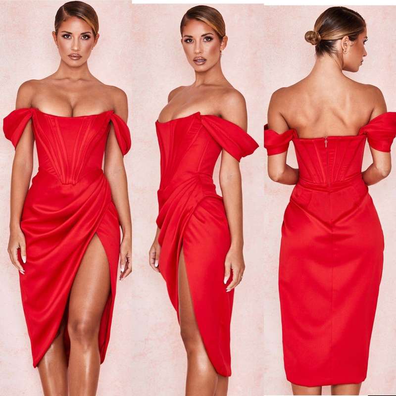 Satin Off Shoulder Dress Corset Dress