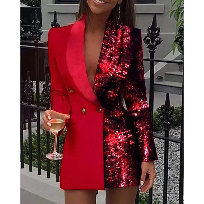 Sequined Patchwork Long Blazer - BLACK/SILVER / L