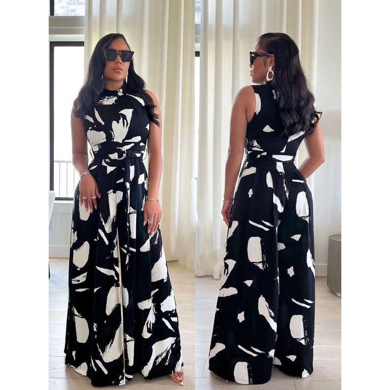 Wide Leg Print Overall Jumpsuit - BLACK / M