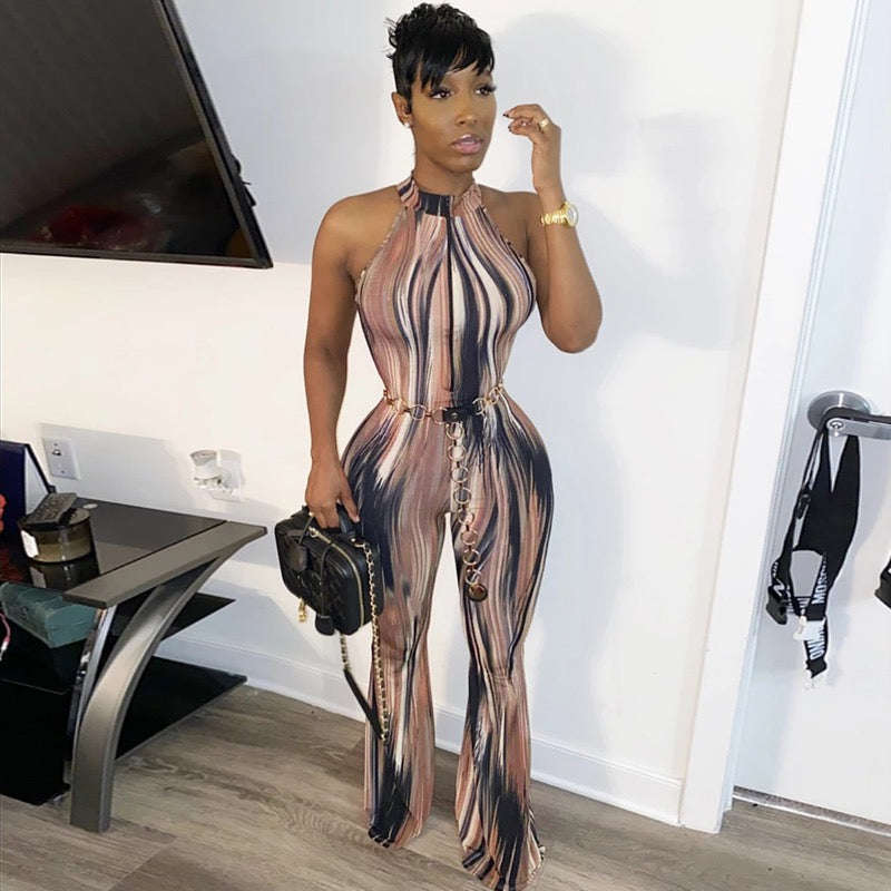 Halter Neck Zipper Graphic Printed Jumpsuits