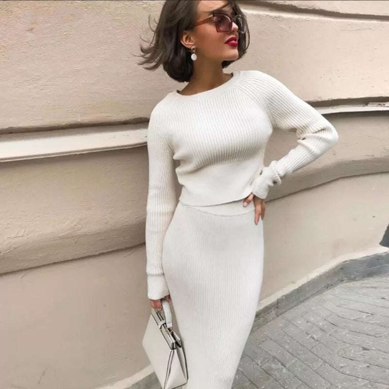 Turtleneck Sweater Pullovers & Midi Skirt Casual Two Pieces Sets