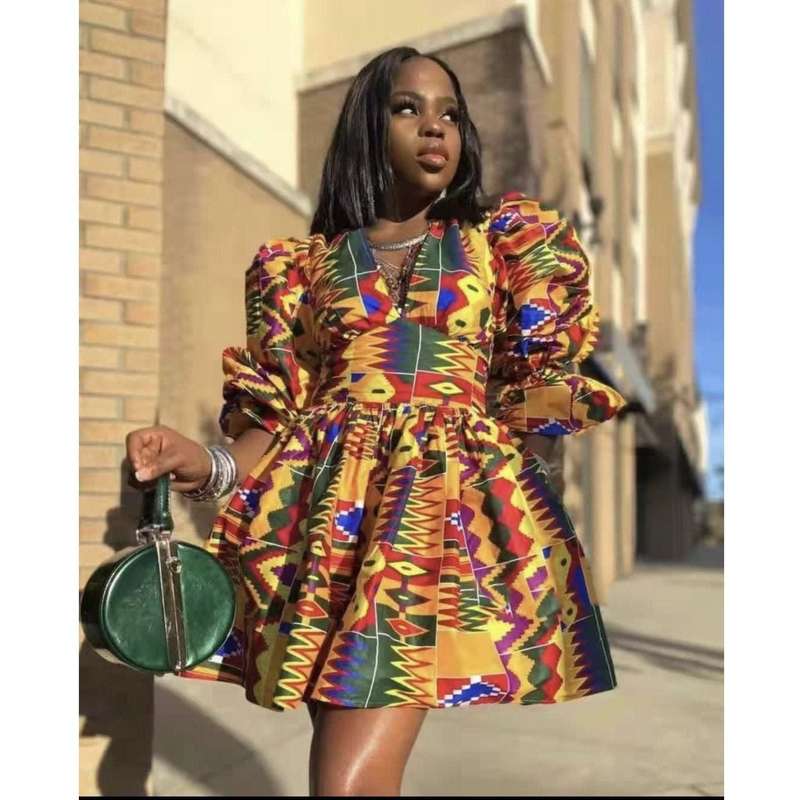 V-Neck Mini Ankara Dress