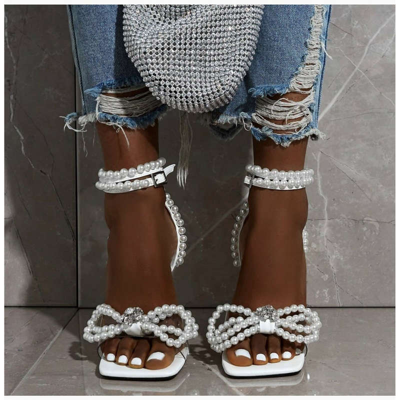 White Pearl Rope Bow High Heel