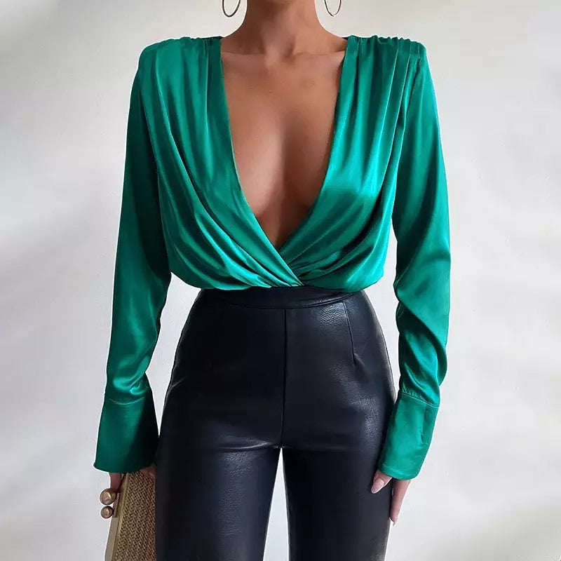 Sexy Deep V-neck Stain Silk Bodysuit