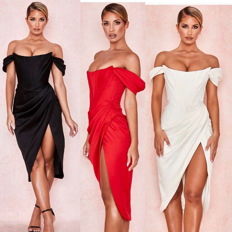 Satin Off Shoulder Dress Corset Dress
