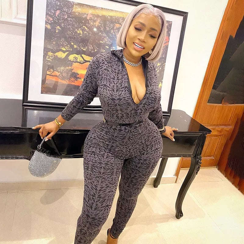 Print Zipper Bodyglove Jumpsuit 