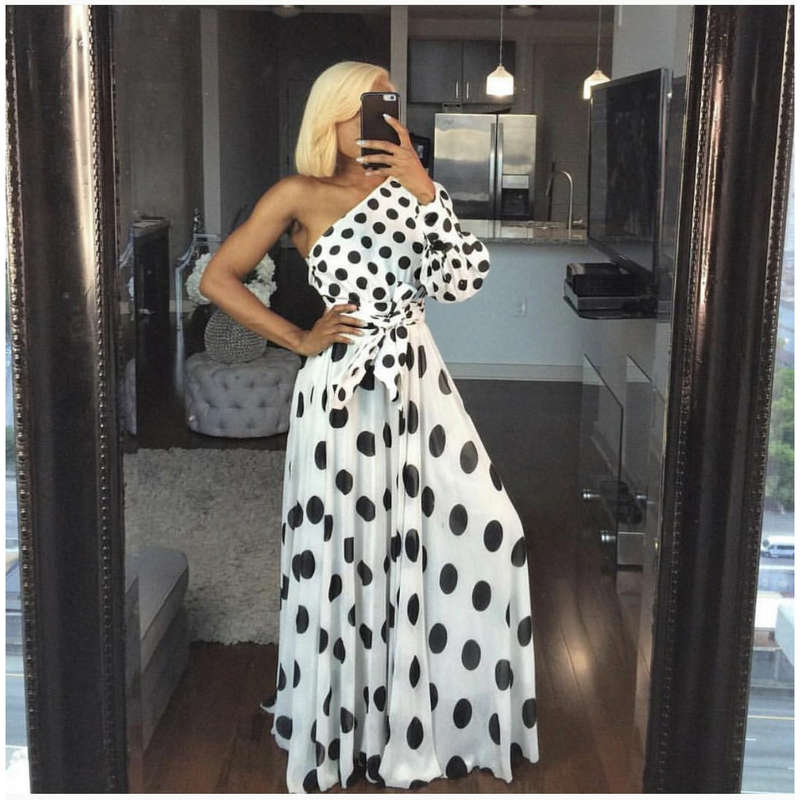 One Hand Off Shoulder Polka Dotted Dress - BROWN / XL