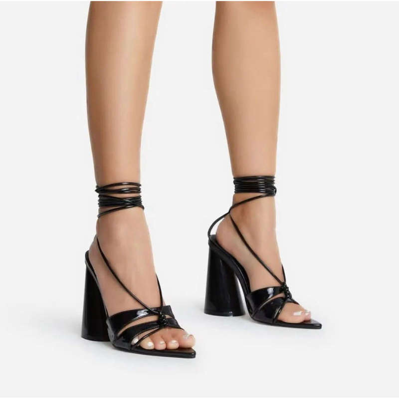 Point Toe Lace-up Chunky Heel