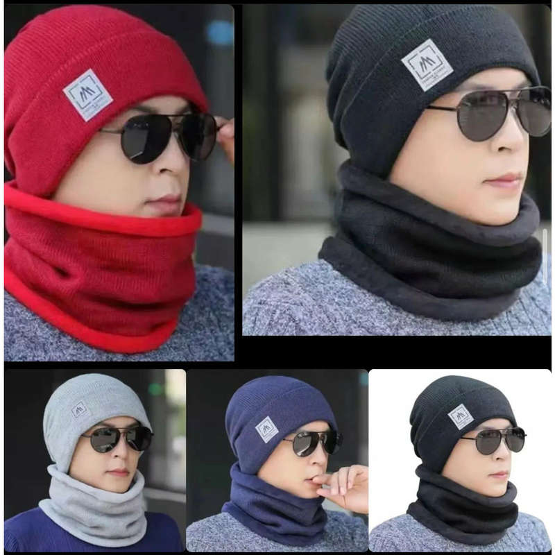 Unisex Beanie caps & Neck Scarf Knitted Hat Set - GRAY