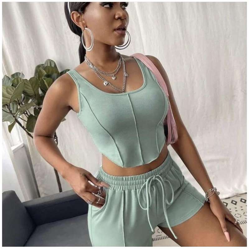 Crop Tank Top Drawstring Waist Track Shorts Set
