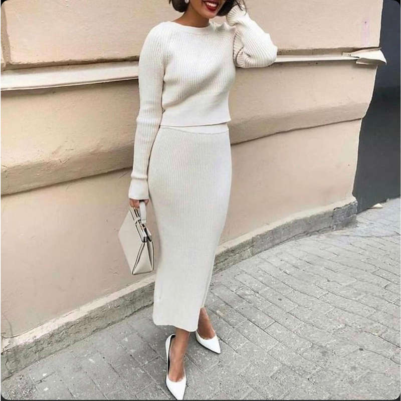 Turtleneck Sweater Pullovers & Midi Skirt Casual Two Pieces Sets