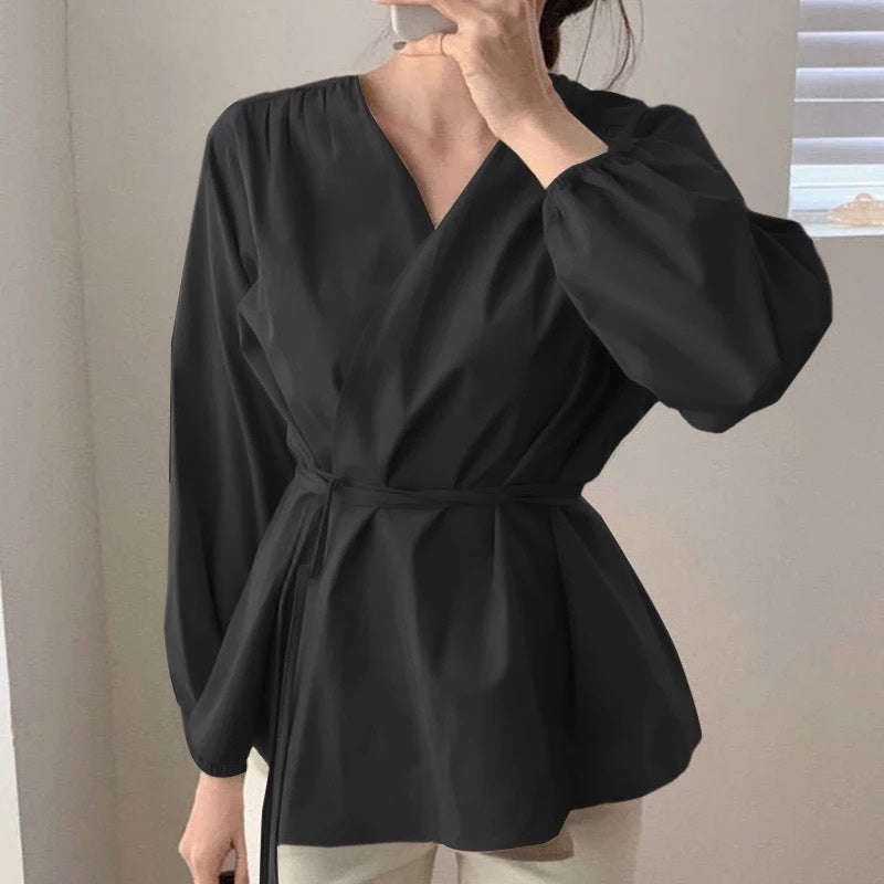 Long Sleeve Wrap Elegant Cross V Neck Shirt