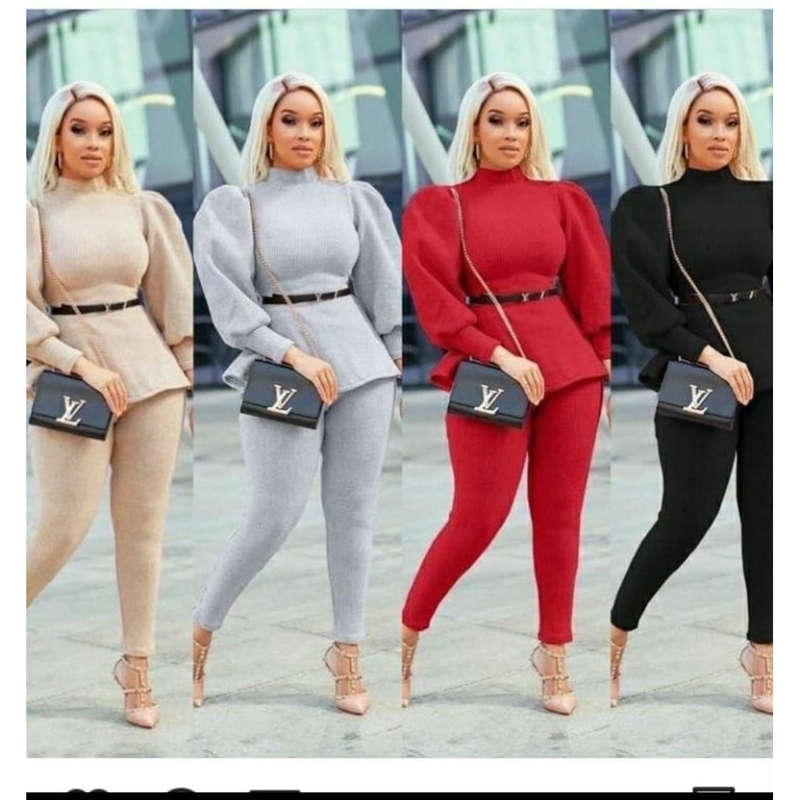 Lantern Sleeve Waist Belt Ruffles Chic Sets