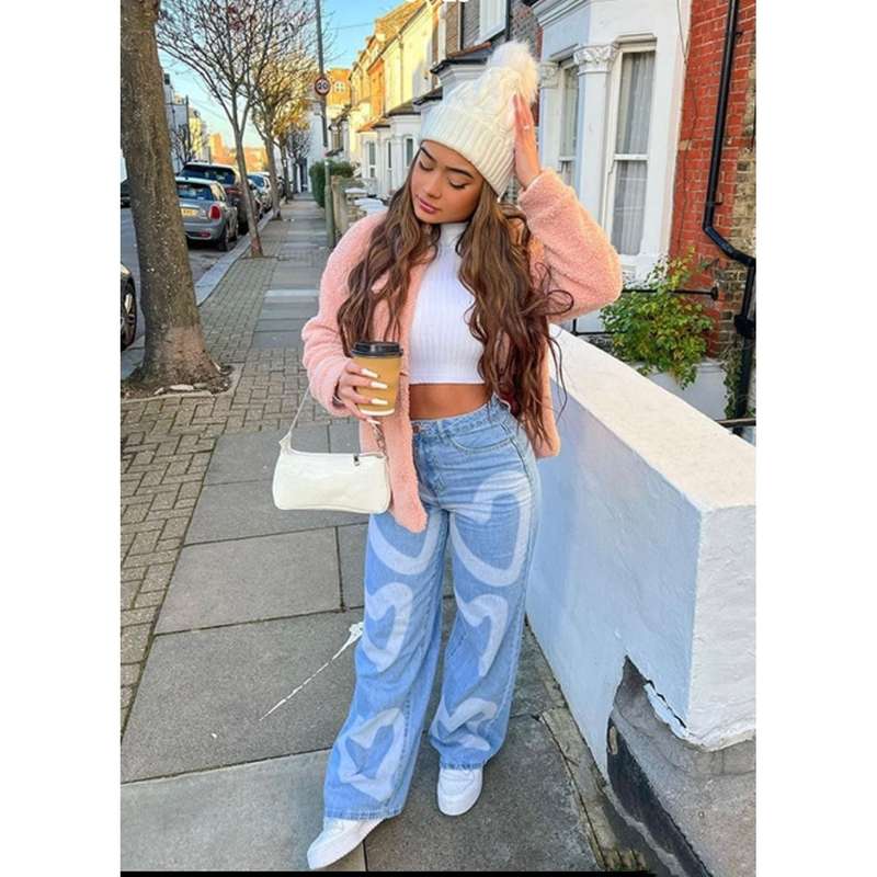 High Waisted Heart Print Wide Leg Jeans