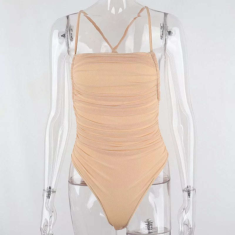 Sleeveless Chic Mesh Ruched Halter Bodysuit