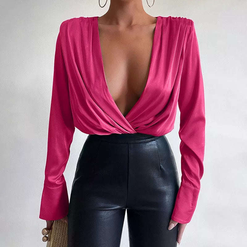 Sexy Deep V-neck Stain Silk Bodysuit