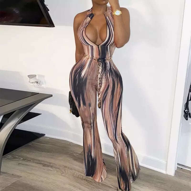 Halter Neck Zipper Graphic Printed Jumpsuits