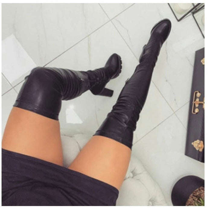 High Knee Chunky Heel Boots - BLACK / 8