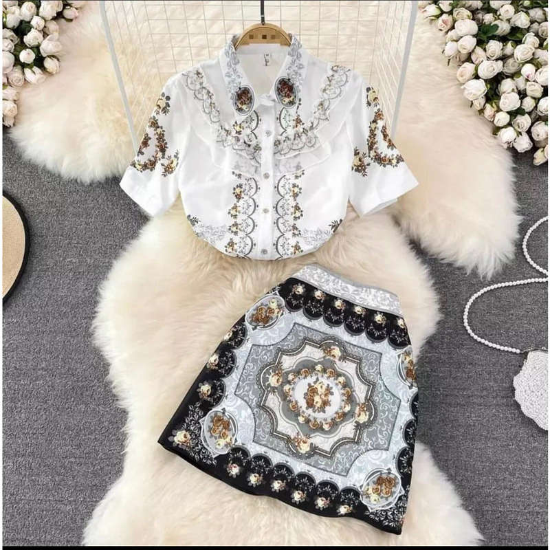 Printed High Waisted skirt and shirt set