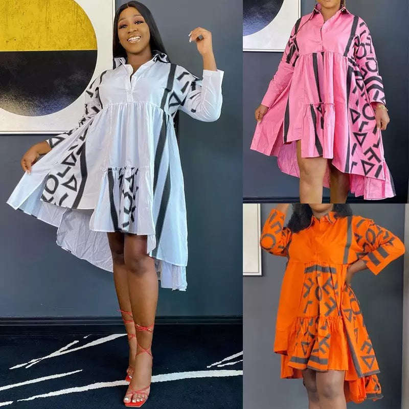 Printed Ruffles Irregular Dress