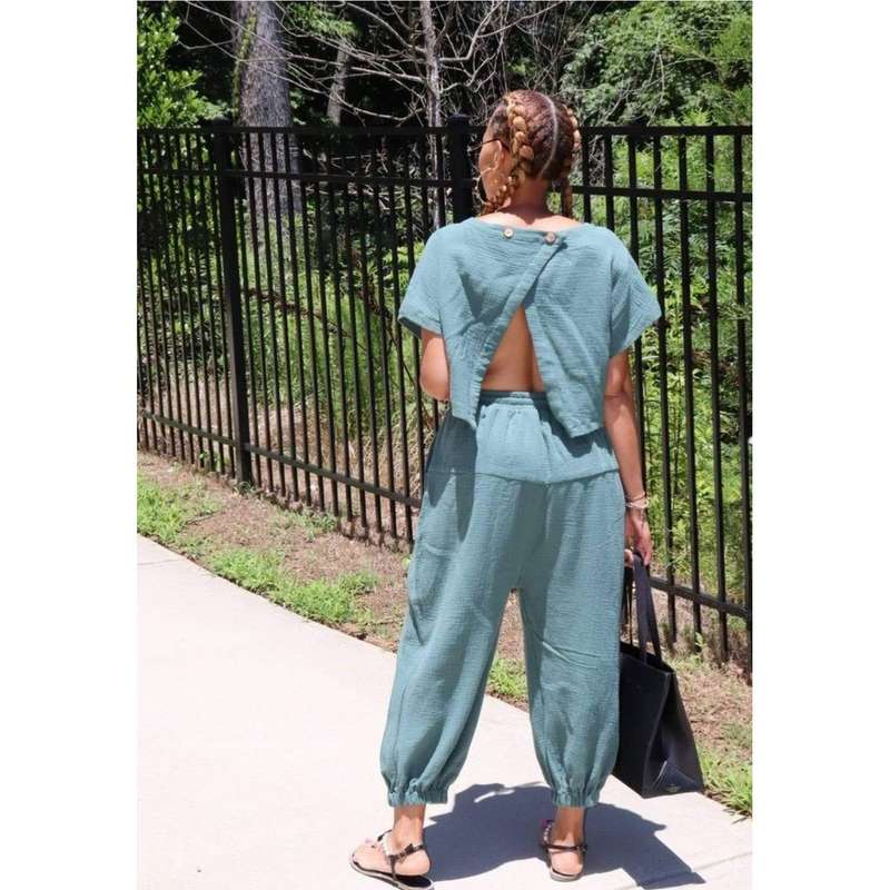 Back open twin set overall - GREEN / XS