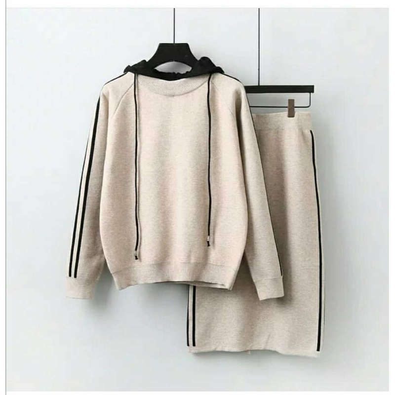Hooded Top and Skirt Sweater Set 