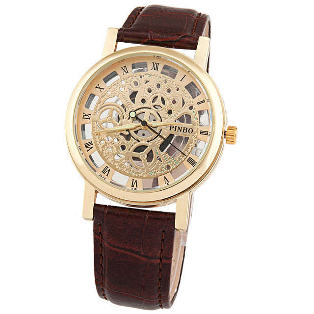Luxury Fashion Casual Leather Men Skeleton Watch Women Dress Wristwatch Steel Quartz - Multicolor