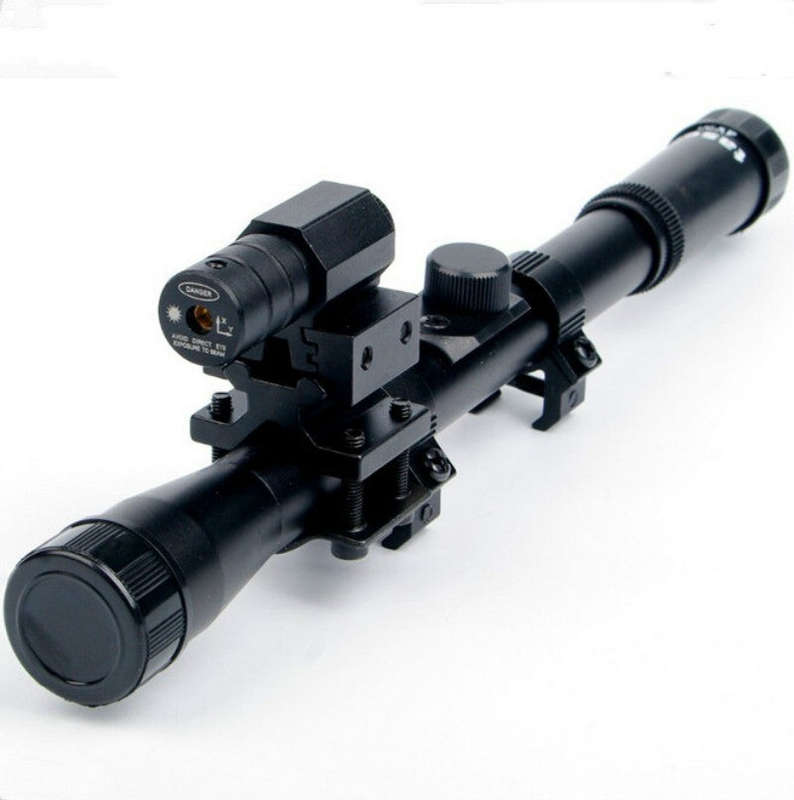 4x20 Air Gun Optics Scope with Red Laser Sight Combo of 11mm Mount for 22 Caliber Riflescope