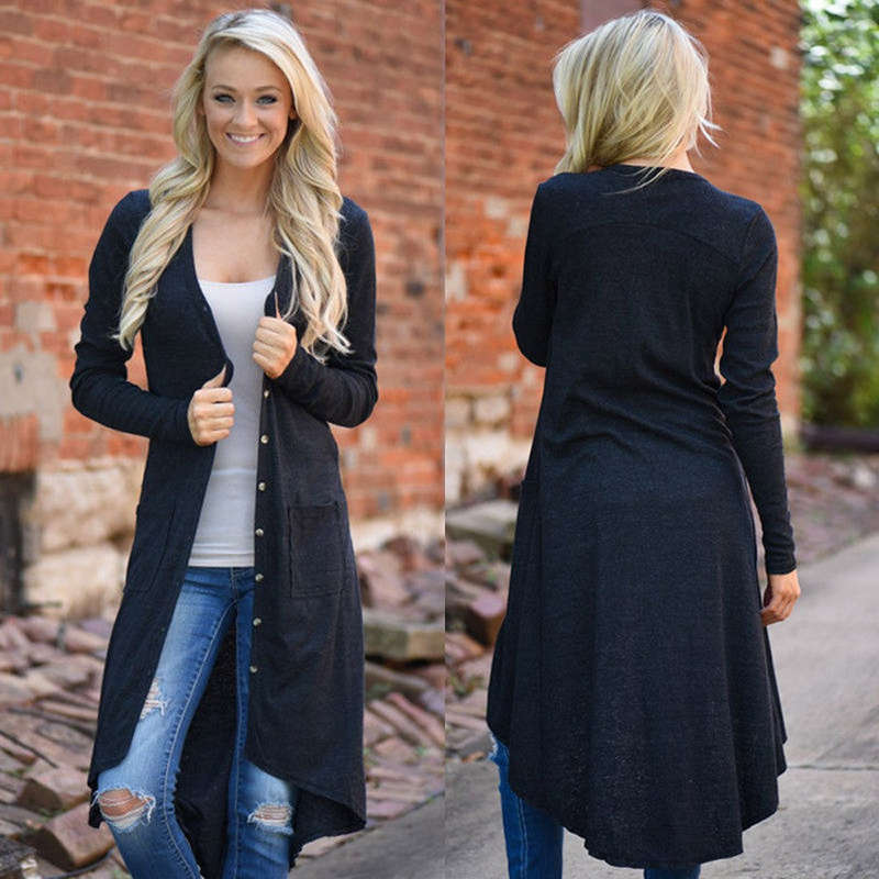 Women Loose Sweater Long Sleeve Knitted Cardigan Outwear Jacket Coat - Black / L