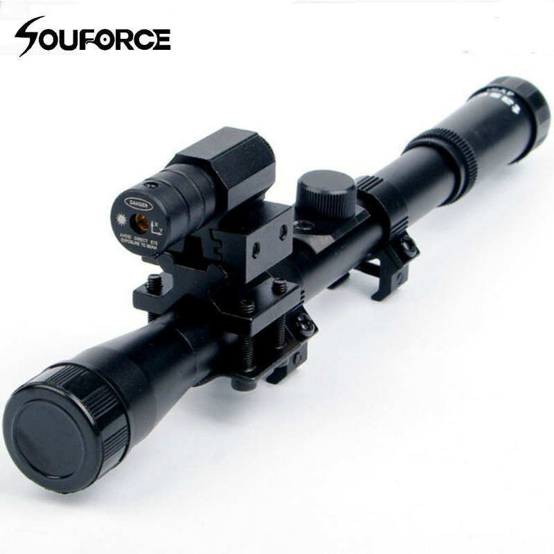 4x20 Air Gun Optics Scope with Red Laser Sight Combo of 11mm Mount for 22 Caliber Riflescope