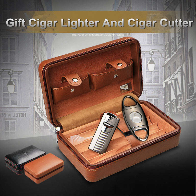 Without Lighter!!! COHIBA Portable Travel Wooden Lining Leather Cigar - Black