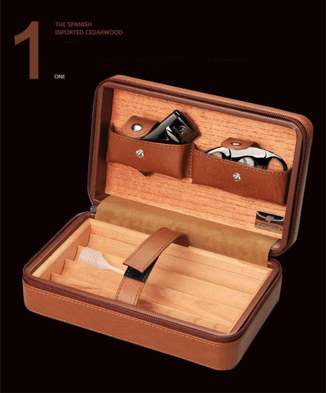 Without Lighter!!! COHIBA Portable Travel Wooden Lining Leather Cigar - Black
