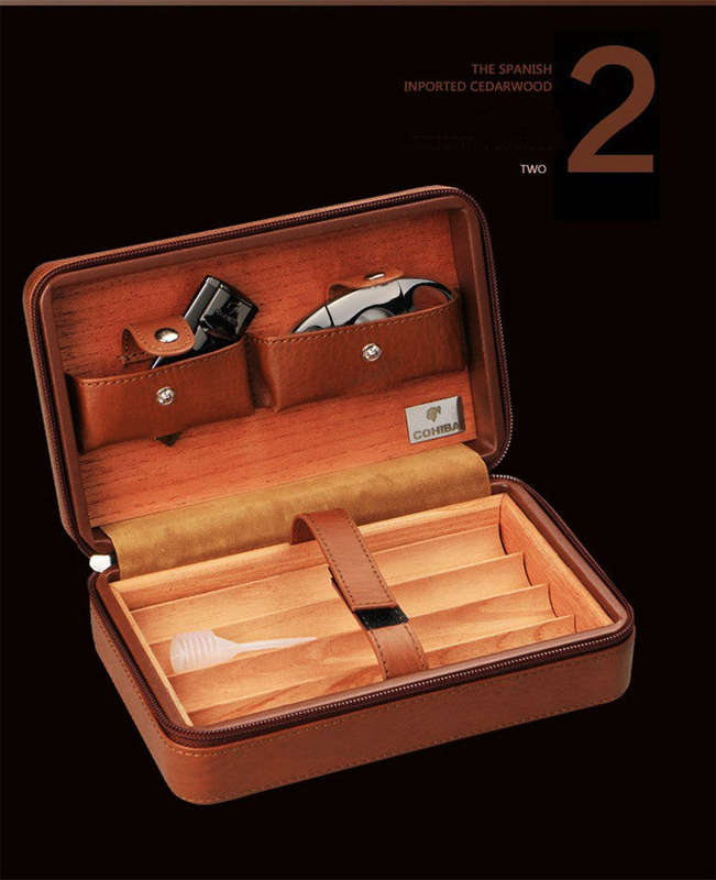 Without Lighter!!! COHIBA Portable Travel Wooden Lining Leather Cigar - Black