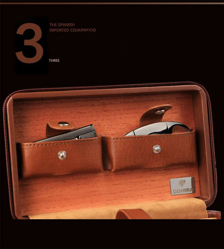 Without Lighter!!! COHIBA Portable Travel Wooden Lining Leather Cigar - Black