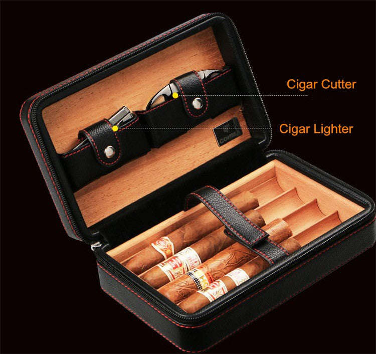 Without Lighter!!! COHIBA Portable Travel Wooden Lining Leather Cigar - Black