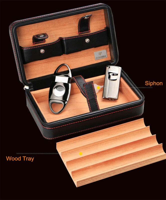 Without Lighter!!! COHIBA Portable Travel Wooden Lining Leather Cigar - Black