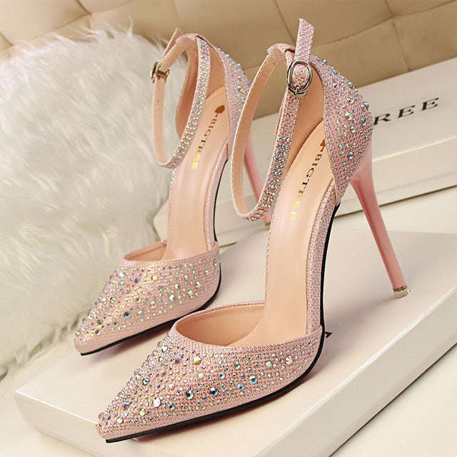 Women Pumps Sexy High Heels Shoes Woman Silver Rhinestone Wedding Shoes High Heels P... - Pink / 6.5