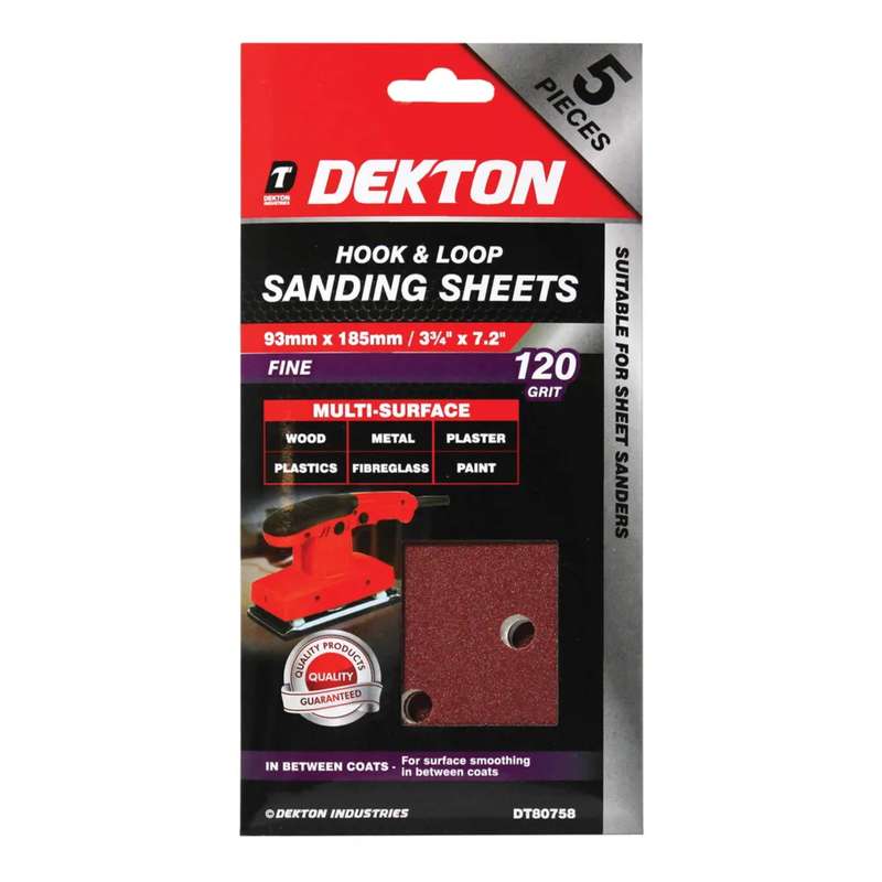 DEKTON 5PC Hook and Loop Sanding Sheets 93mm x 185mm - Fine 120 Grit