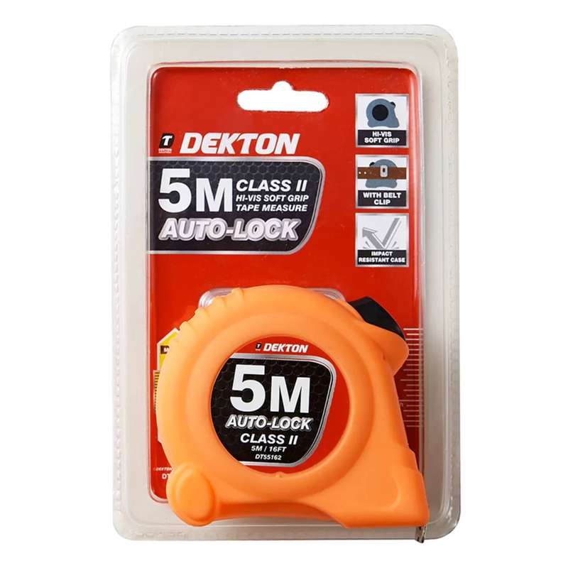 DEKTON HI VIS Orange Soft Grip Auto-Lock Tape Measure 5m x 19mm