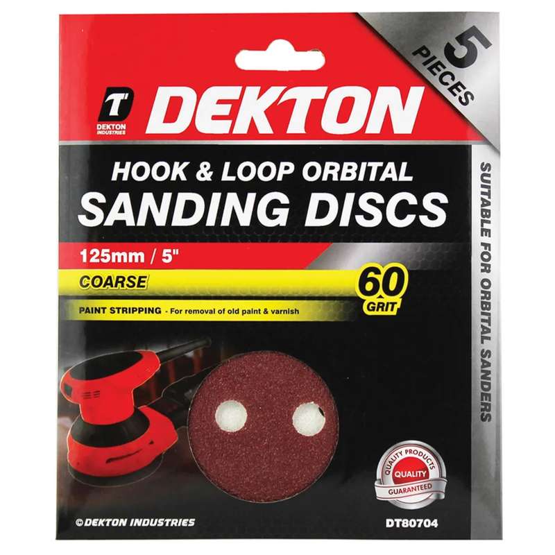 DEKTON 5PC Hook and Loop Orbital Sanding Discs 125mm - Coarse 60 Grit