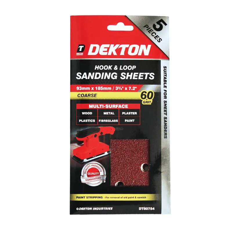 DEKTON 5PC Hook and Loop Sanding Sheets 93mm x 185mm - Coarse 60 Grit