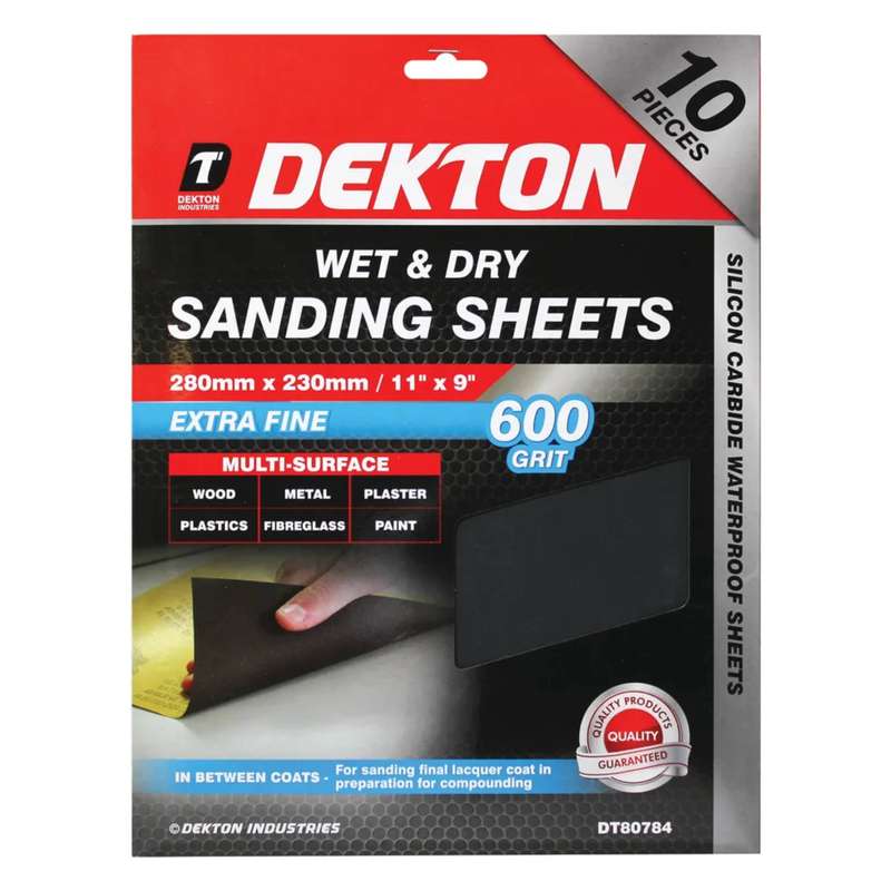 DEKTON 10PC Wet & Dry Sanding Sheets 280mm x 230mm - Extra Fine 600 Grit