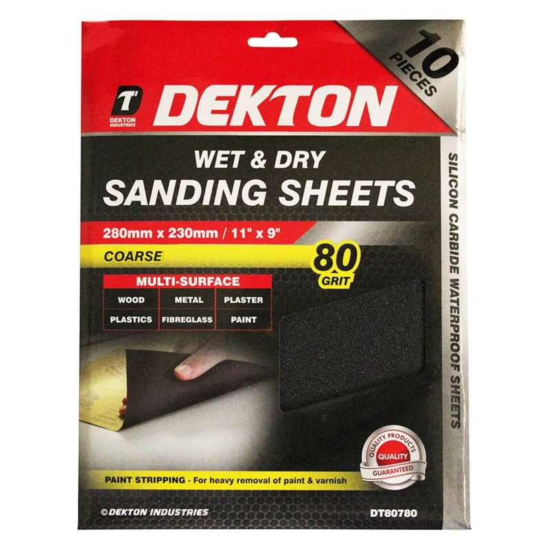 DEKTON 10PC Wet & Dry Sanding Sheets 280mm x 230mm - Coarse 80 Grit