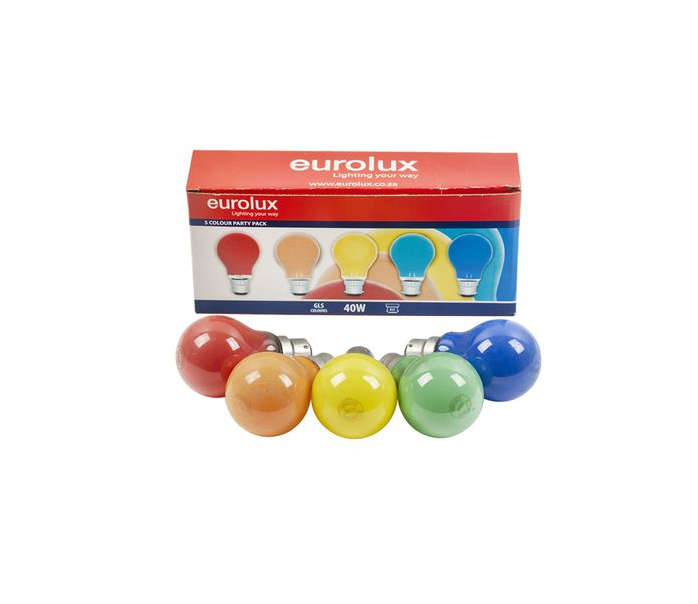 Eurolux - Coloured Globes B22 40w 5Pc Party Pack