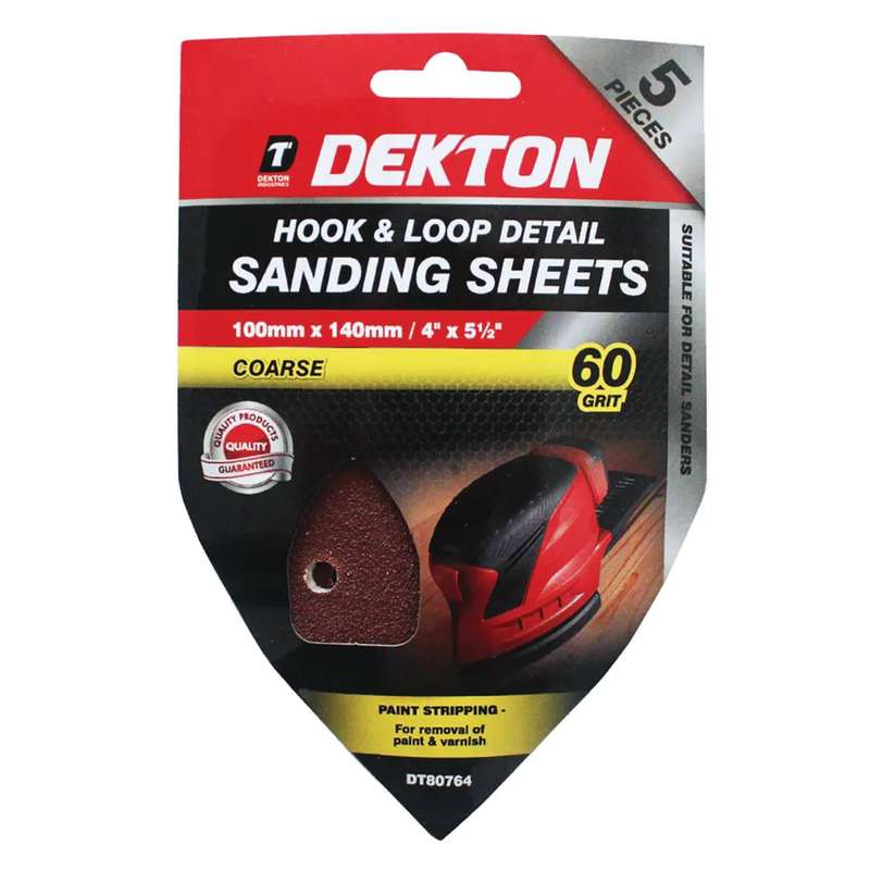 DEKTON 5PC Hook and Loop Detail Sanding Sheets 100mm x 140mm - Coarse 60 Grit