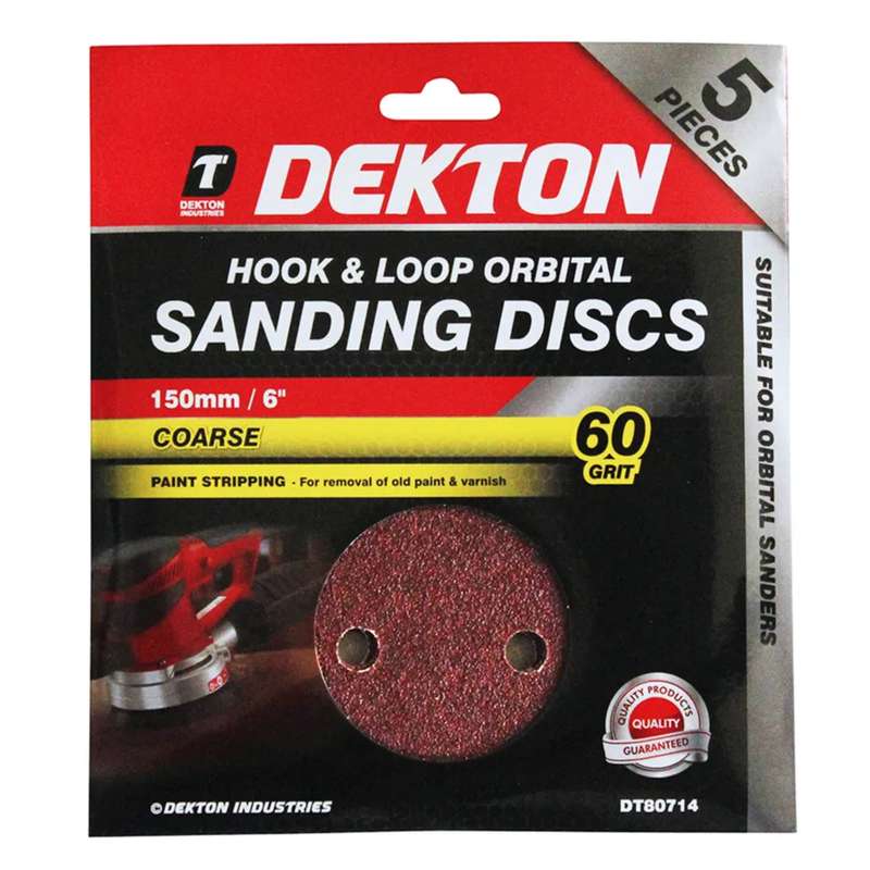 DEKTON 5PC Hook and Loop Orbital Sanding Discs 150mm - Coarse 60 Grit