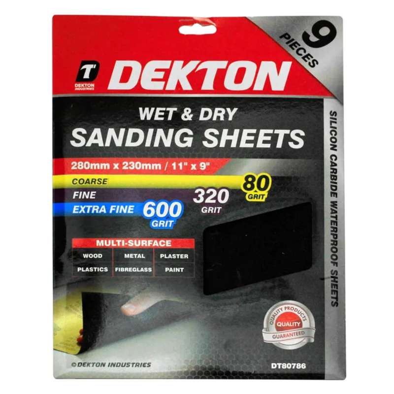 DEKTON 9PC Wet and Dry Mixed Sanding Sheets 280mm x 230mm  Assorted