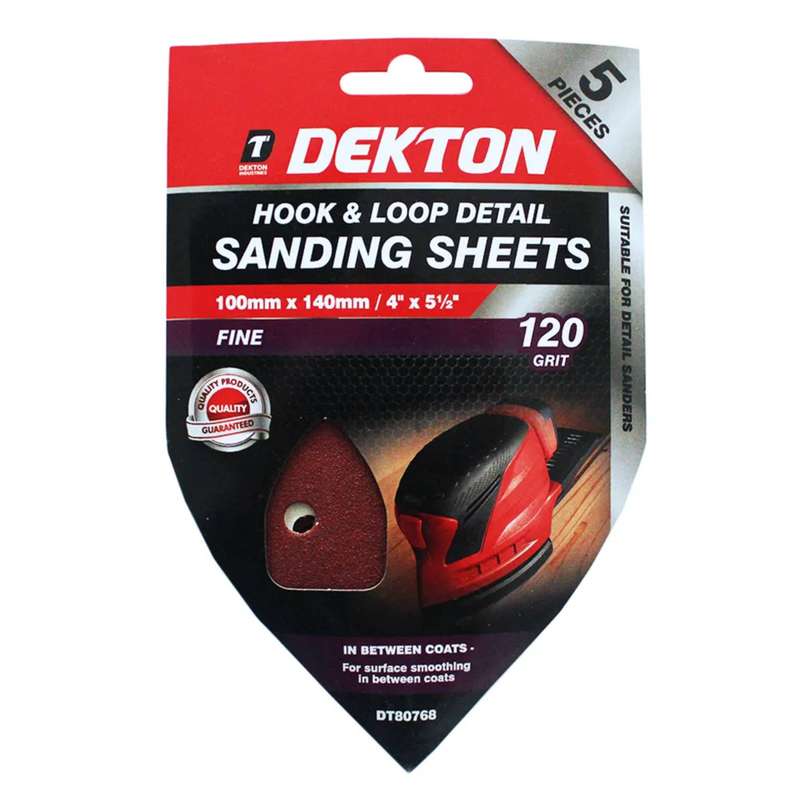 DEKTON 5PC Hook and Loop Detail Sanding Sheets 100mm x 140mm - Fine 120 Grit