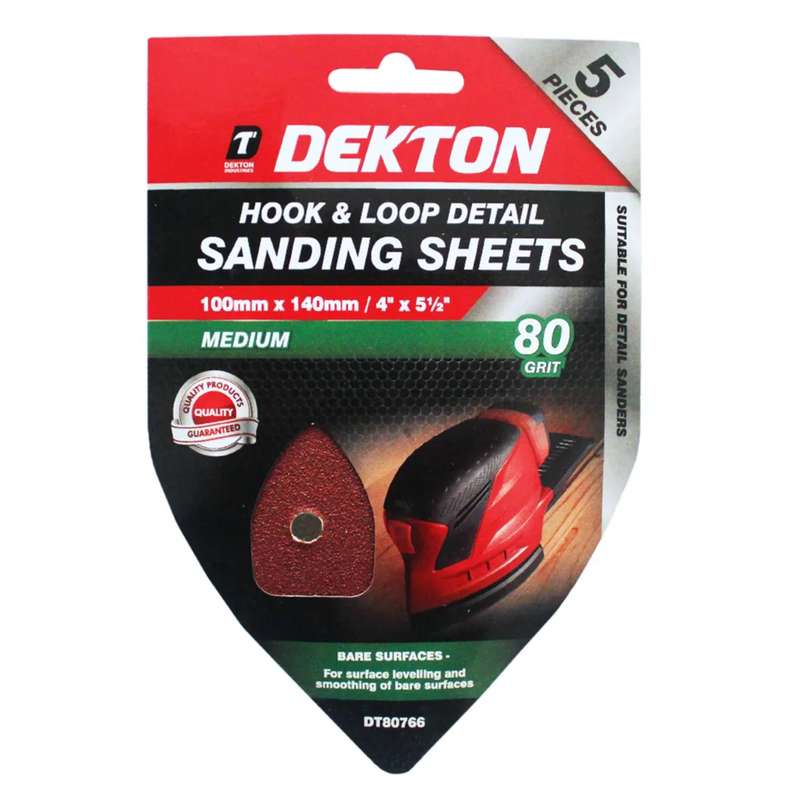 DEKTON 5PC Hook and Loop Detail Sanding Sheets 100mm x 140mm- Medium 80 Grit