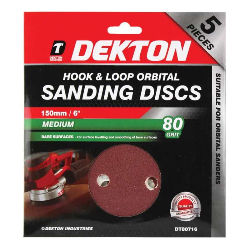 DEKTON 5PC Hook and Loop Orbital Sanding Discs 150mm - Medium 80 Grit